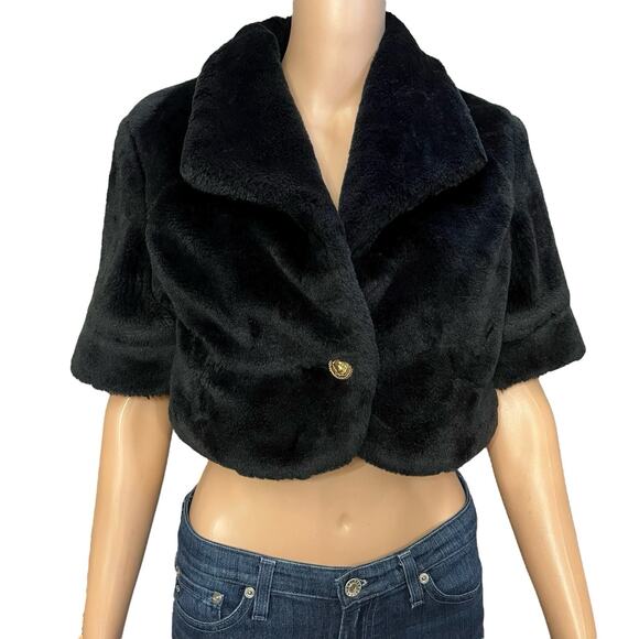Y2K Forever 21 Faux Fur Bolero Jacket Small Black Short Sleeve Topper Coquette - Picture 1 of 11